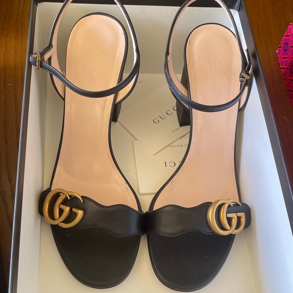 Gucci Shoes - Gucci Black Leather Mid-Heel Slingback Sandals with Gold GG